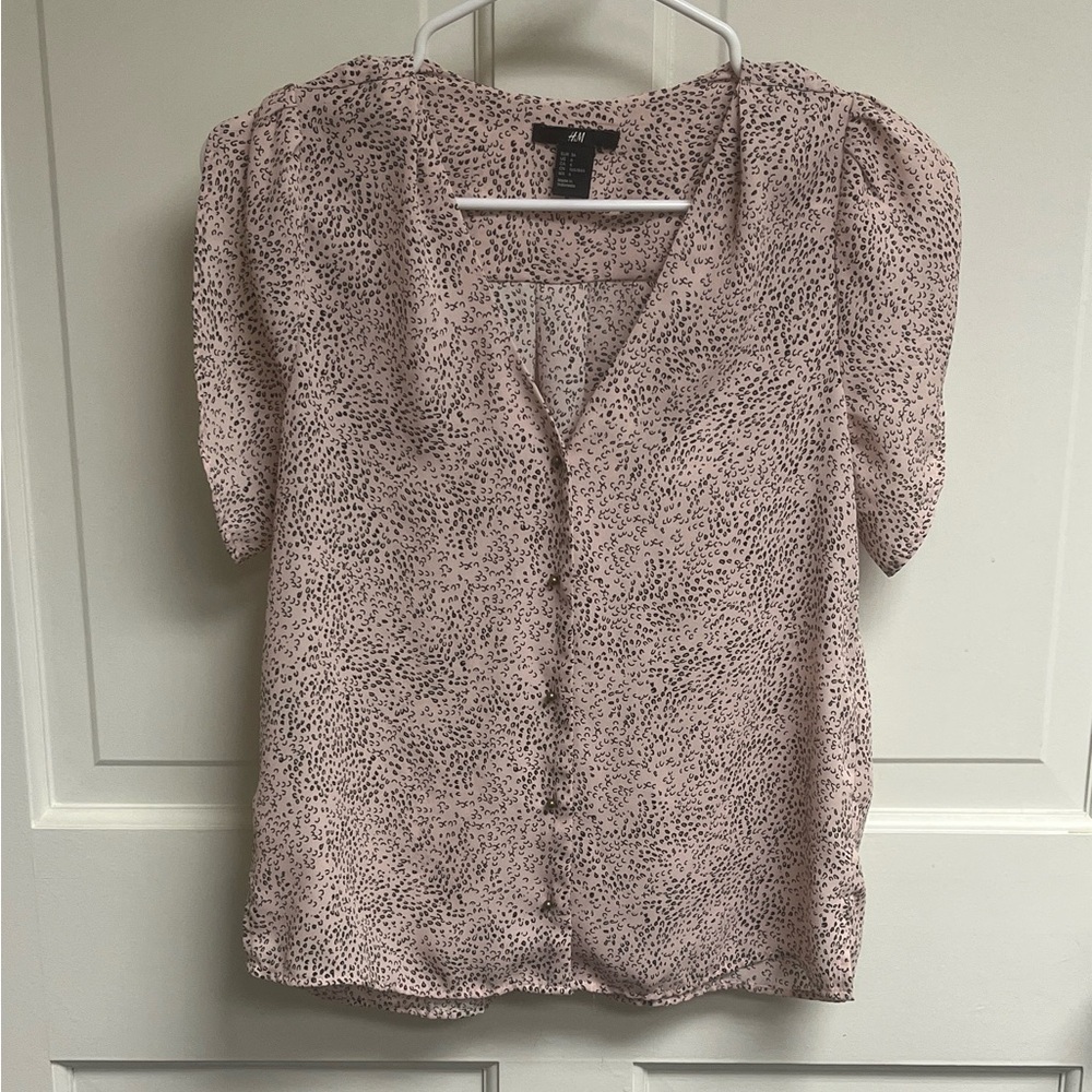 HM Pink Black Abstract Print Puff Sleeve Button Front Blouse Top Womens 6